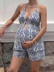SHEIN Maternity Vacation Full Print Halter Neck Top And Adjustable Waist Shorts Casual Sexy 2 Pieces Set Photoshoot White Summer Formal - Blue - View 1