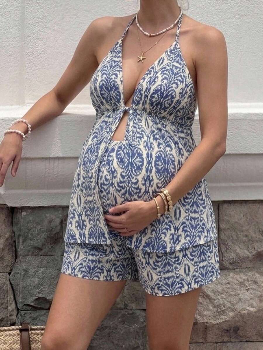 SHEIN Maternity Vacation Full Print Halter Neck Top And Adjustable Waist Shorts Casual Sexy 2 Pieces Set Photoshoot White Summer Formal - Blue - View 1