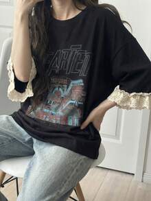 DAZY Women's Letter Print Contrast Lace Cuff Loose T-Shirt ,Petite Women Summer - Grey - View 5