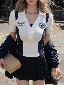DAZY 女士撞色韩版街头字母印花短袖T恤 夏季款 - 白色 - 查看 3