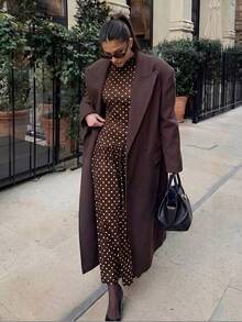 Firerie Minimalist Elegant Daily Wear Unique Solid Color Short Sleeve Fitted Stand Collar Asymmetrical A-Line Cinched Waist Long Dress - Chocolate Brown - View 8
