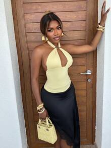 Mariisbox Women's Sexy Hollow Out Metal Buckle Decor Lace-Up Halter Neck Top Light Yellow, Spring Women, Going Out Top For Women, Sexy Top Women Casual Summer - Light Yellow - View 5