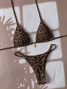 Soleia Women's Leopard Print Halter Bikini Set, Suitable For Summer - Multicolor - View 3