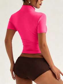 SHEIN Sovereign Charm Spring/Summer Women's Sports Sweatshirt, Pink Fitted Color-Block Half-Zip Stand Collar, Front Color-Block Webbing Patchwork, Slim Fit Split Line Short Sleeve, Style Suitable For Fashion Casual, Running, Yoga, Gym, Tennis, Golf - Hot Pink - View 2