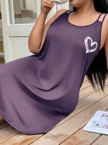 SHEIN 大尺碼心形印花細肩帶休閒睡裙 - 紫色 - 查看 6