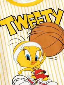 LOONEY TUNES X SHEIN GraphicGems 男童休闲运动时尚街头日常通勤卡通条纹印花短袖T恤短裤套装，夏季 - 黃色 - 查看 3