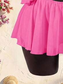 SaltGleam SaltGleam Sexy Summer Beach Club Vacation Backless Camisole Top With Beaded Decor, Asymmetrical Hem, Double Layer Flowy Ruffle Trim, Paired With Skirt - Hot Pink - View 6
