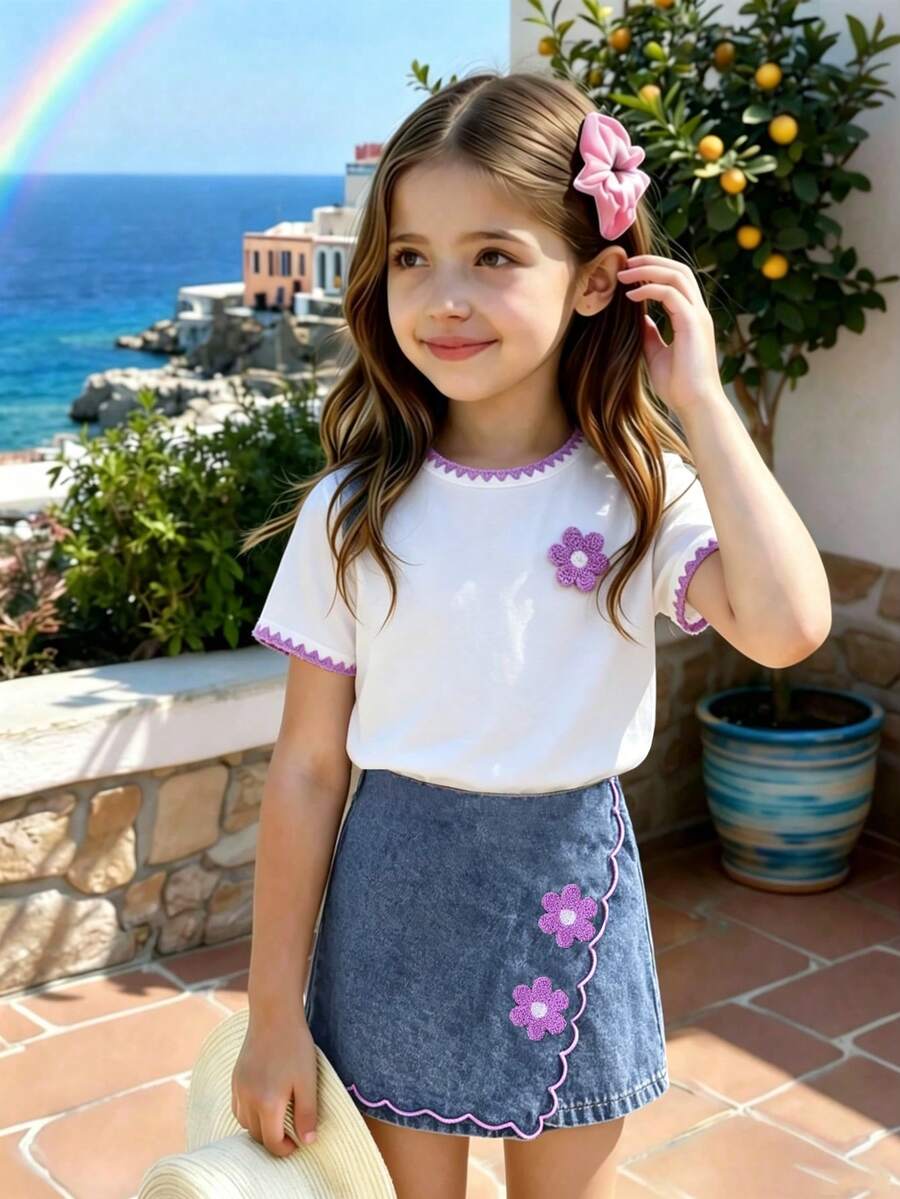 SHEIN Elladie kids 女童 2 件組春夏季套裝，圓領 T 恤與牛仔裙褲套裝，刺繡與花卉裝飾，俏皮可愛，休閒時尚，女童夏季短袖短褲套裝