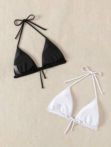 SHEIN Swim Women's Solid Color Bikini Top For Beach Vacation - Black and White - View 2