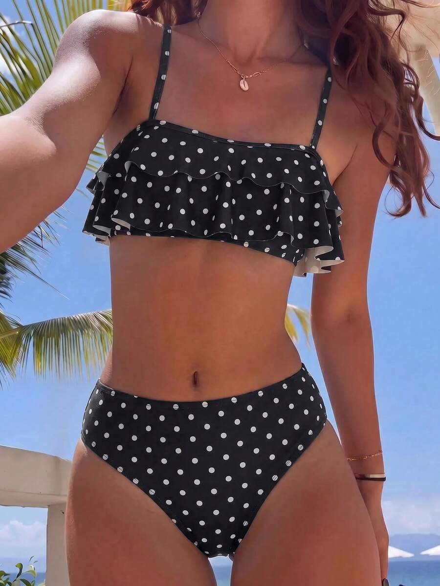 Swim Mod 花卉蕾絲可愛甜美復古休閒度假海灘海邊女款泳衣套裝 - 黑與白 - 查看 1