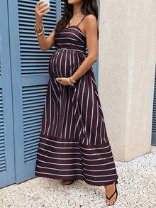 SHEIN Maternity Striped Colorblock Pleated Casual Everyday Outing Spaghetti Strap Dress - Brown - View 5