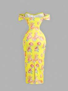 SHEIN MOD 女款粉色花卉印花露肩緊身洋裝 - 鵝黃色 - 查看 6