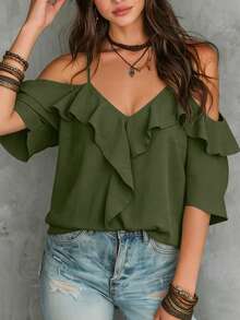 LUMIGAL Summer Casual Solid Color Off-Shoulder Ruffle Trim Short Sleeve Blouse - Olive Green - View 3