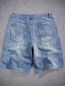 Manfinity Denimwave 男士青年休閒潑墨噴漆做舊淺藍色牛仔短褲 - 淺色水洗藍 - 查看 2
