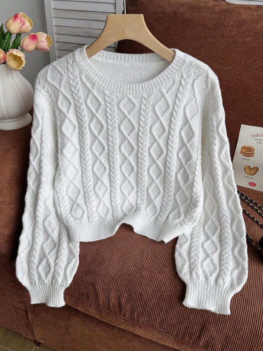 SHEIN 青少年女孩素色圓領休閒百搭日常穿著長袖毛衣 - 白色 - 查看 1