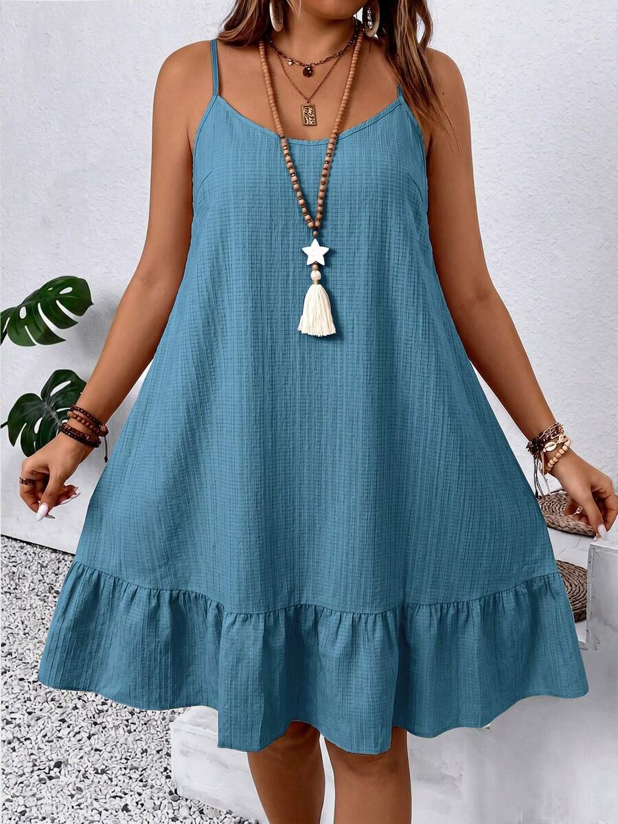 SHEIN LUNE CURVE Gaun Kasual Bertali Tipis untuk Liburan Ukuran Besar Warna Polos - Dusty Blue - View 1