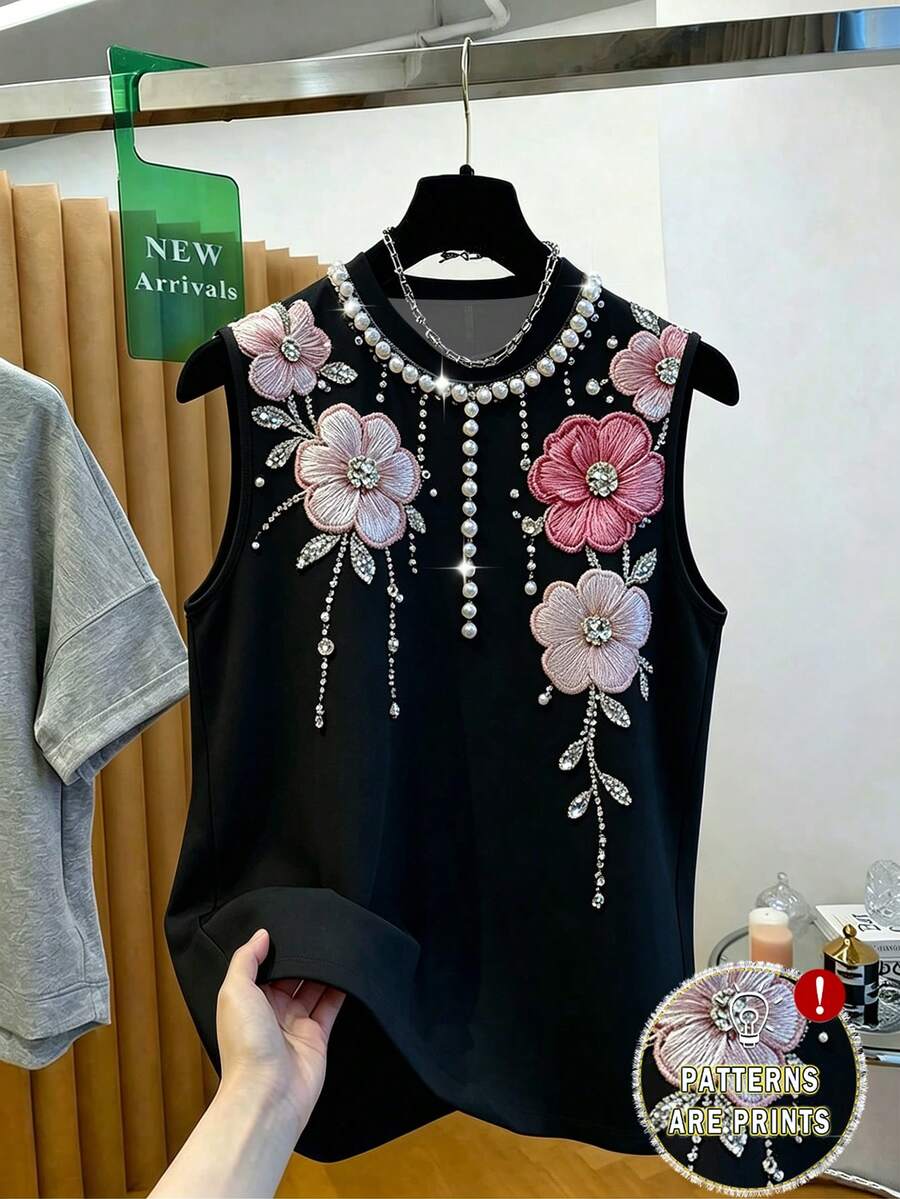 GlowEve 女款花卉印花圓領休閒優雅百搭背心上衣 晚餐酒吧派對適用 黑色花卉 夏季 - 黑色 - 查看 1