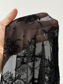 Whyspr Dark High Slit Sheer Long Black Asymmetrical Pattern Dress - Black - View 8