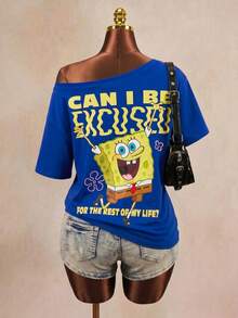 SpongeBob SquarePants | SHEIN Women's Summer Casual Letter And Cartoon Print Round Neck Short Sleeve T-Shirt - Blue - View 1