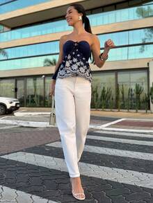 Yohana Edit Women's Floral Embroidery Front Tie Bandeau Top For Vacation,Summer Top - Navy Blue - View 3
