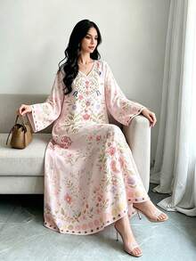 SHEIN Najma 花卉幾何圖案淺粉色女款時尚V領長袖洋裝，優雅阿拉伯風春夏季長版大碼洋裝 - 彩色 - 查看 3