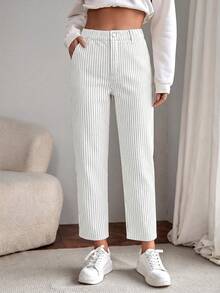 EMERY ROSE Jeans de mezclilla a rayas casuales para ir al trabajo de talla grande - Blanco y Negro - Ver 3