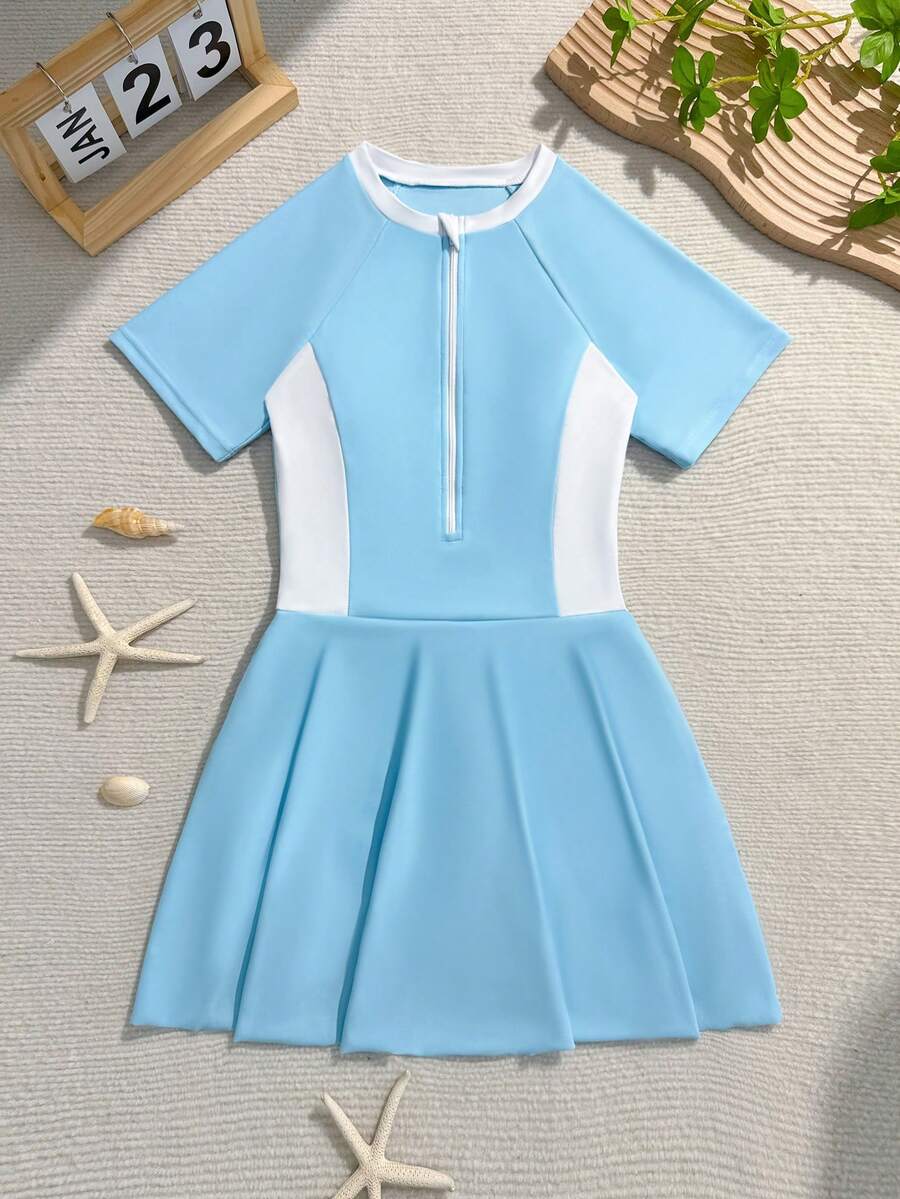 Tween Girl Colorblock Vacation Zipper Half-Placket Round Neck Short Sleeve Romper - Baby Blue - View 1