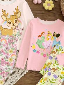 Conjunto de varias piezas con volantes y bloques de color para niñas bebé, estilo princesa dulce y campestre con estampado floral de ciervo, colores macaron encantadores, diseño retro fresco, apto para todas las estaciones, amigable con la piel - Multicolor - Ver 3