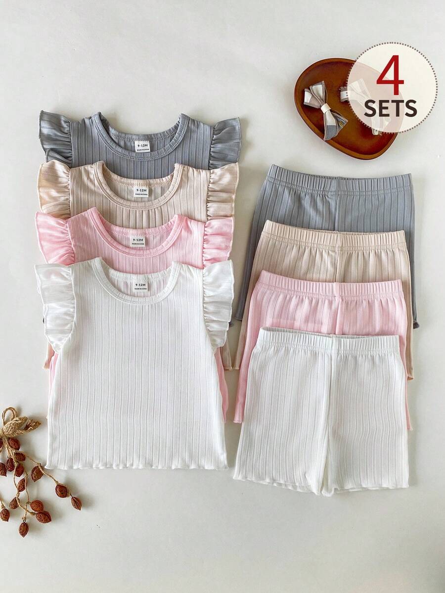 SHEIN Playful Pals 8件組/女嬰0-3歲春夏季新品休閒日常外出可愛素色針織不對稱羅紋短袖背心T恤上衣與短褲8件套裝 - 彩色 - 查看 1