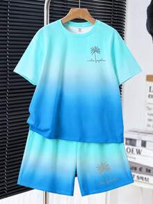 兒童青少年男孩休閒舒適時尚極簡圓領短袖T恤與短褲套裝 - 彩色 - 查看 2