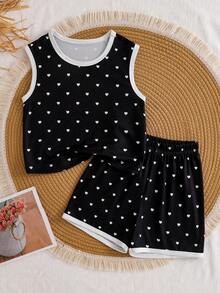 SHEIN Vintaside Kids 2件組少女條紋針織提花寬鬆背心與短褲套裝，適合日常休閒、度假、運動、旅行、夏季 - 黑色 - 查看 5