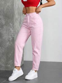 SHEIN ICON 女款純色時尚口袋鈕扣牛仔褲 - 粉色 - 查看 4
