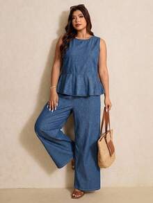 Elaquor Plus Size Women's Casual Formal Whimsical Vacation Commute Sleeveless Ruffle Hem Denim Top And Wide Leg Jeans 2 Pieces Set, Spring/Summer Festival - Light Wash - View 4