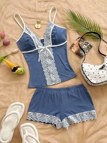 Soleia Women's Colorblock Lace Patchwork Camisole & Shorts 2 Pieces Set - Navy Blue - View 1