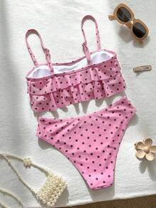 Swim Mod 花卉荷葉邊可愛甜美復古休閒度假海灘海邊女款泳衣套裝 - 粉色 - 查看 2