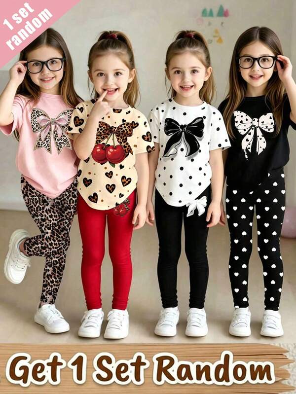Conjunto casual de niñas jóvenes de 1 set de primavera y verano con estampados creativos personalizados frescos y lindos minimalistas de lazo de leopardo rosa, lazo de leopardo, leopardo cereza, corazón de lunares, lunares de lazo negro. Camiseta corta básica + leggings, cómodo para uso diario, estilos cálidos de verano y otoño, adecuado para primavera, verano, otoño, atuendo de ambiente para niñas.