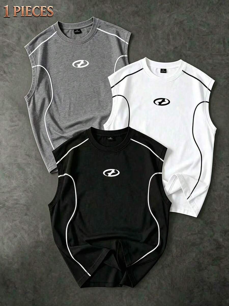 Sport MetroGents 男士印花拼接圓領運動背心，適合跑步與健身 - 彩色 - 查看 1
