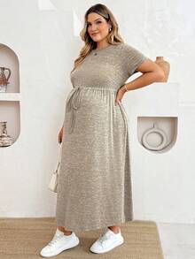 Plussiva Plus Size Maternity Round Neck Short Sleeve Waist Tie Casual Dress Photoshoot Summer - Grey - View 5