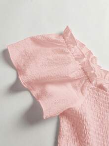 SHEIN 青少年女孩休閒度假白色紋理方領荷葉袖層次荷葉邊A字洋裝 - 粉色 - 查看 5