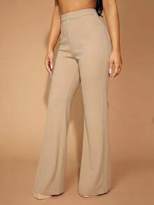 SHEIN SXY Pantalones de pierna acampanada de unicolor minimalista casual para mujer talla grande para oficina y desplazamientos - Caqui - Ver 6
