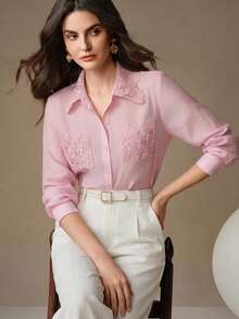 Anewsta Gentle Style Beach Vacation Long Sleeve Ruffle Pocket Creative Commute Style Women's Blouse, Holiday Outfits For Women, Casual Blouses For Women, Summer Top - Pink - View 1