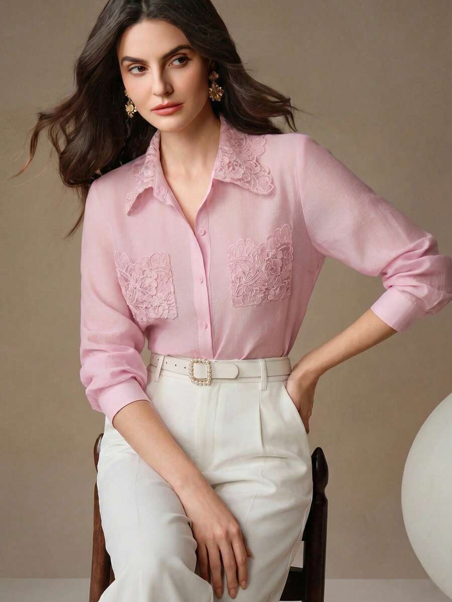 Anewsta Gentle Style Beach Vacation Long Sleeve Ruffle Pocket Creative Commute Style Women's Blouse, Holiday Outfits For Women, Casual Blouses For Women, Summer Top - Pink - View 1