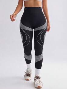 Solea Cove Solea Cove 女款抽象圖案高腰修身休閒運動緊身褲 夏季 - 黑與白 - 查看 4