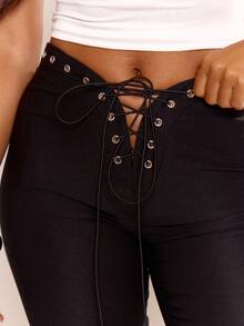 MUSERA Schwarze Schnür-Capri-Hose Sommer Festival Cool Girl Vintage Abendparty Urlaub - Schwarz - Übersicht 5