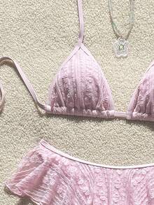 Swim Mod 2pcs Solid Color Minimalist Sexy Spaghetti Strap Halter Triangle Bikini Top And Wavy Edge Triangle Bikini Bottom Set - Pink - View 7