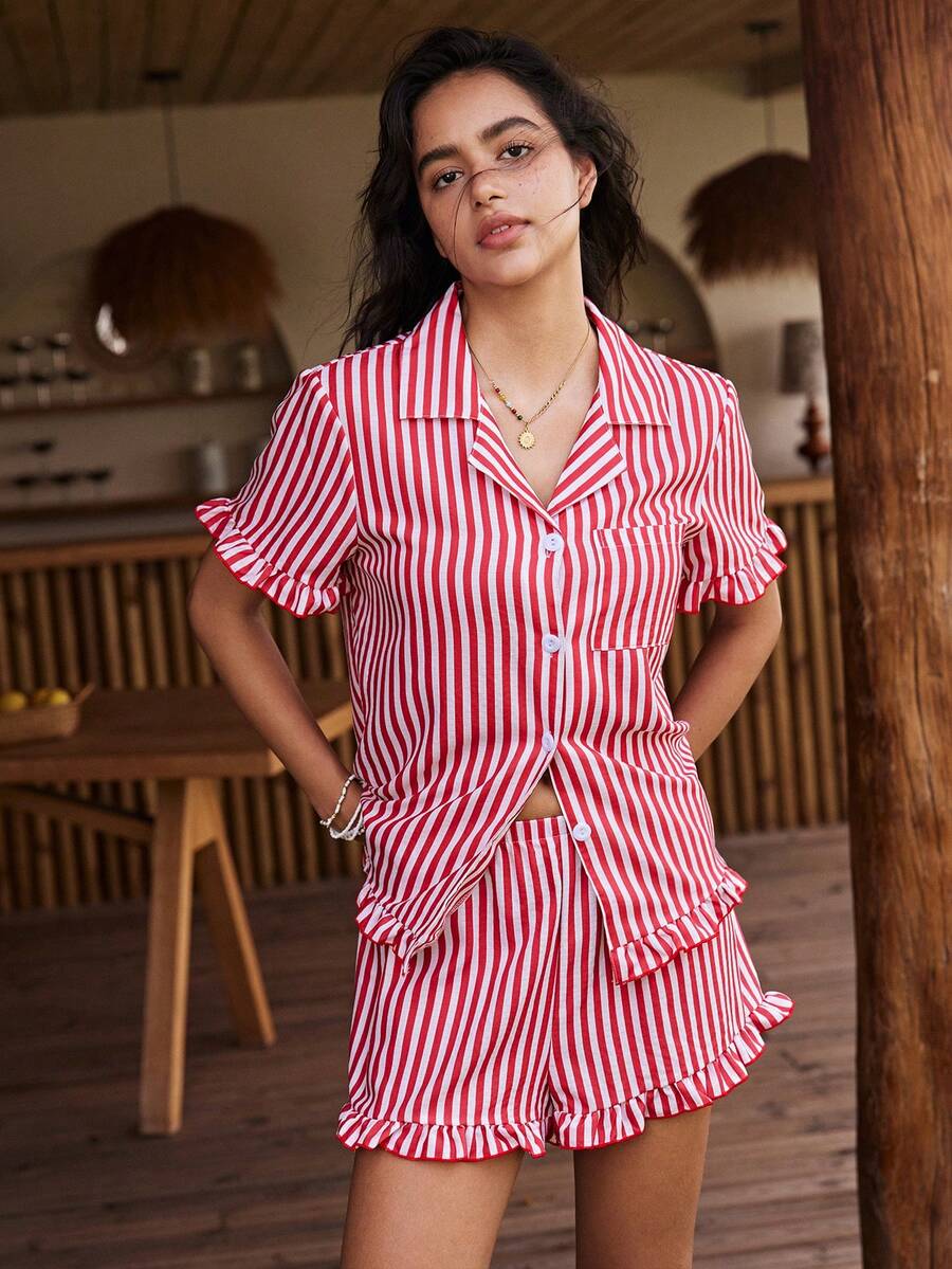 Lullawish Women's Casual Home & Streetwear Striped Woven Fabric Lapel Ruffle Trim Short Sleeve Loose Fit Loungewear Shorts Set - Red - View 1
