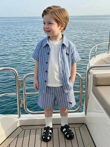 DAZY Baby Boys' Korean Style Striped Collar Shirt Set Summer Toddler - Blue - View 3