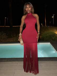 Mariisbox Backless Dress, Sexy & Cute For Date Night, Suitable For Valentine's Day Fringe Dress Dress Red Elegant Summer - Burgundy - View 5