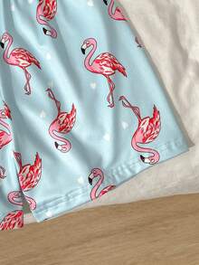 2 Peças/Conjunto Roupa de Ficar em Casa para Meninas Pequenas, Base Azul com Estampa Fofa de Flamingo Rosa, Tecido de Seda de Leite Macio e Confortável Retardante de Chama, Conjunto Casual Minimalista de Cardigan de Manga Curta com Gola e Shorts, Verão - Azul - Visão 4