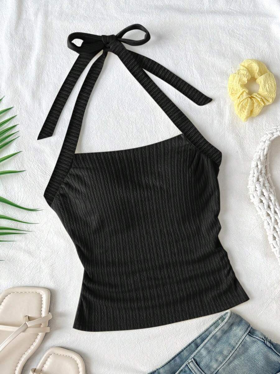 SHEIN Tween Girl Black Summer Basic Vacation Knit Textured Jacquard Halter Cinched Waist Fitted Camisole,Spring/Summer Party,Date,Valentine's Day,Easter - Black - View 1